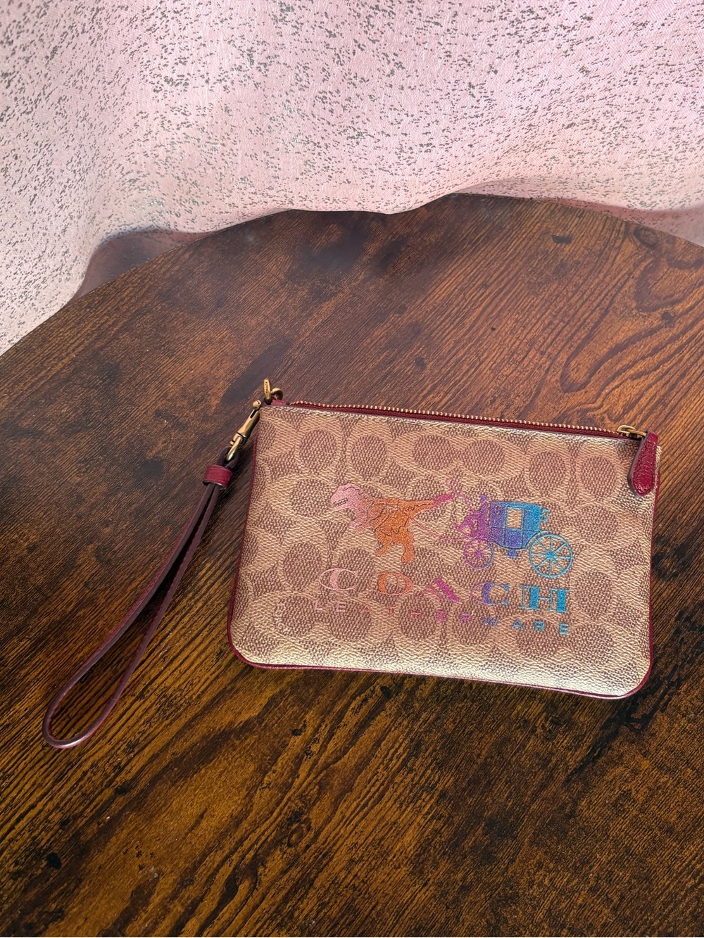 Coach Beige Signature Canvas Wristlet with Maroon Strap and Multicolor Carriage - Picture 3 of 6
